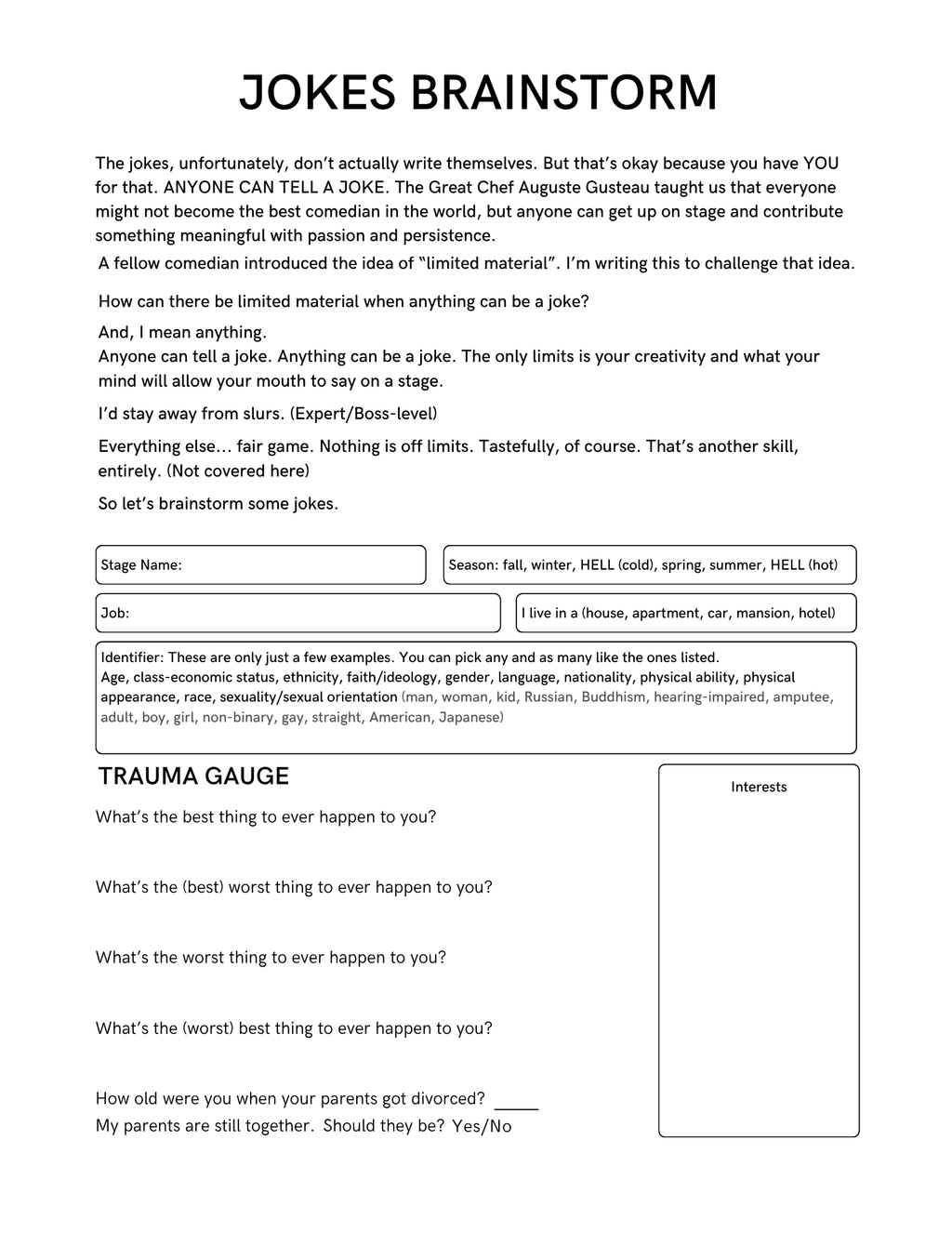Joke Brainstorm Worksheet