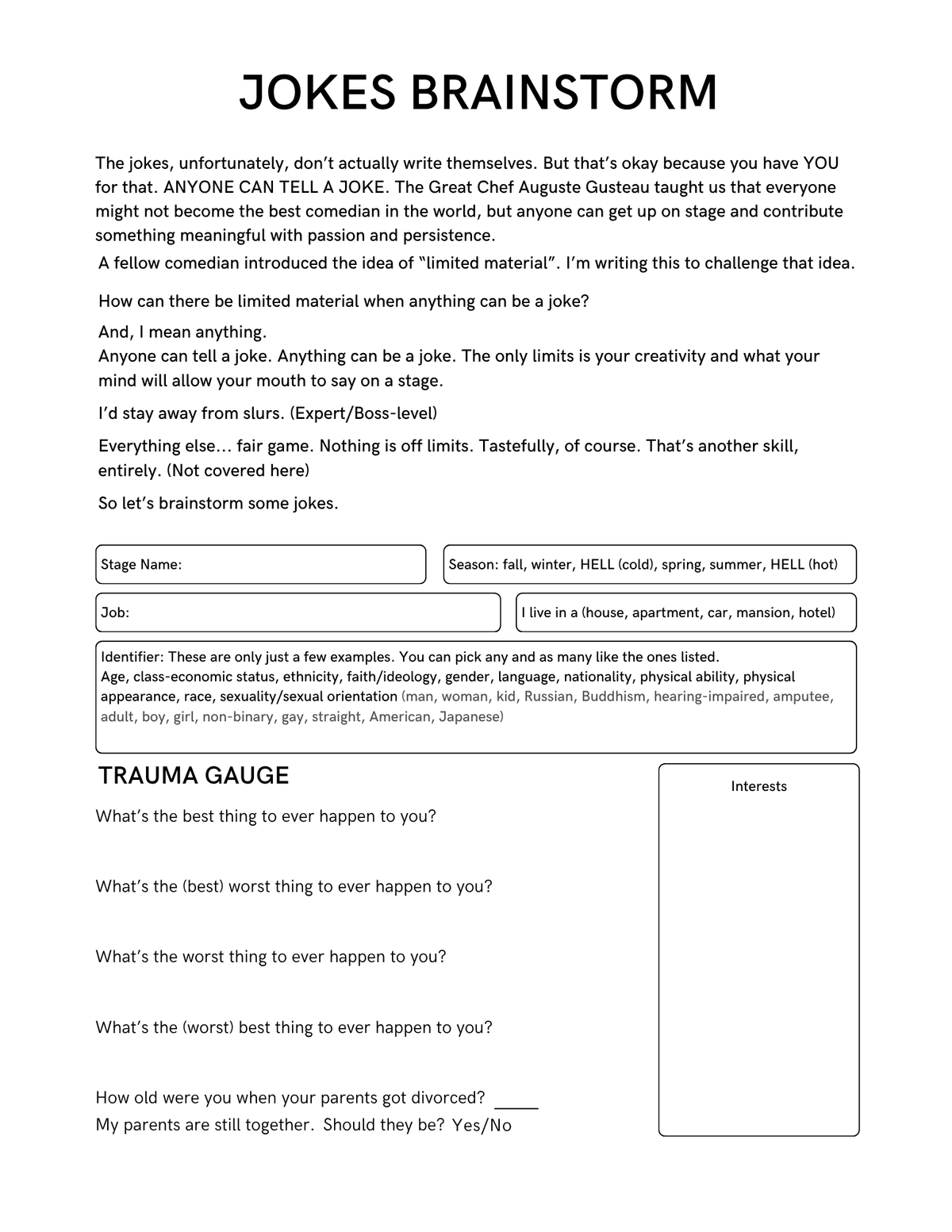 Joke Brainstorm Worksheet