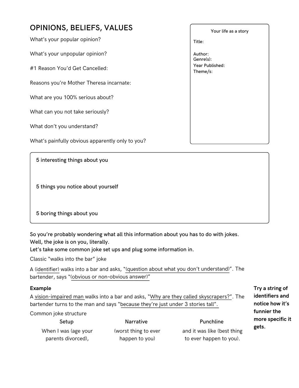 Joke Brainstorm Worksheet