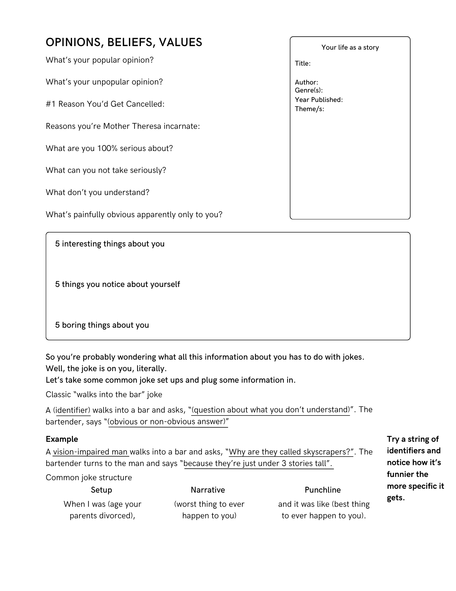 Joke Brainstorm Worksheet